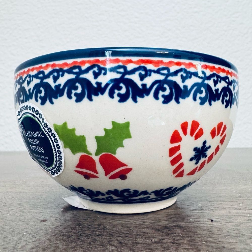 Boleslawiec Polish Pottery Christmas Holiday Candy Cane Bowl Dish